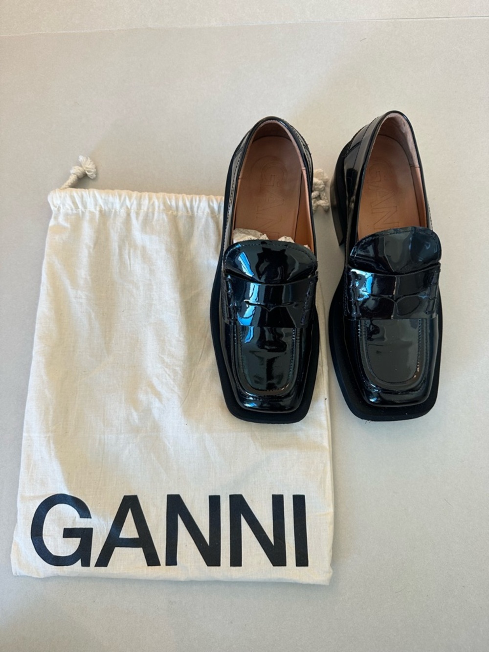 GANNI Black Patent Leather Square Loafers